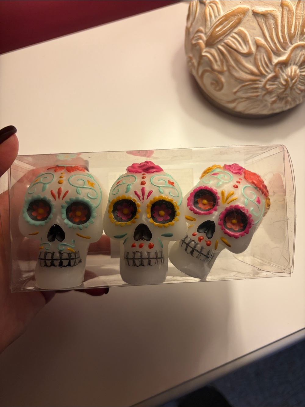 Ashland White Sugar Skull Candles with Pink, Yellow and Teal Accents